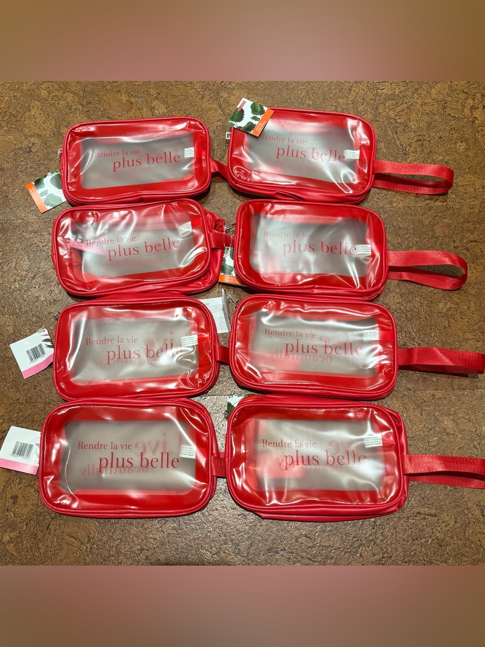 Clarins Red Clear Vinyl Pouches with Wrist Strap Set of 8